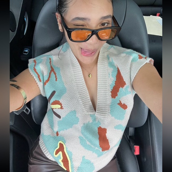 Knit Sleeveless Vest V-Neck Graphic Abstract Pattern Beige Oversized Loose Fit - Picture 11 of 11